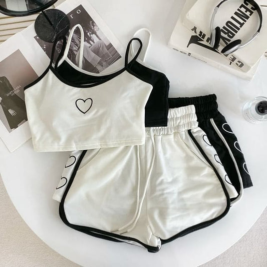 Set: Heart Embroidered Contrast Trim Crop Cami Top