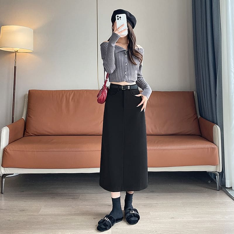 Set: High Rise Plain Midi A-Line Skirt + Belt