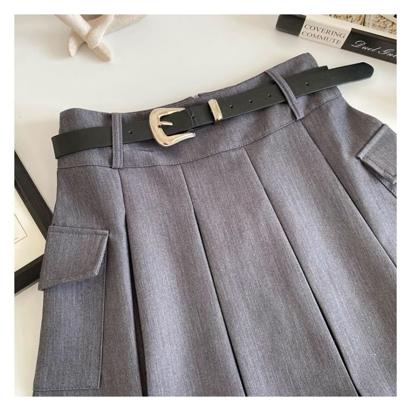 Set: High Waist Plain Pleated Mini A-Line Cargo Skirt