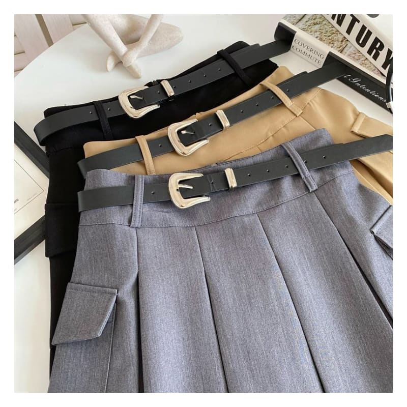 Set: High Waist Plain Pleated Mini A-Line Cargo Skirt