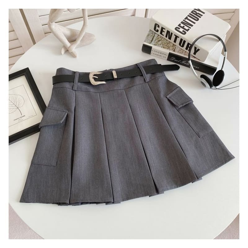 Set: High Waist Plain Pleated Mini A-Line Cargo Skirt