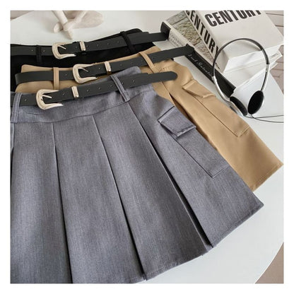 Set: High Waist Plain Pleated Mini A-Line Cargo Skirt