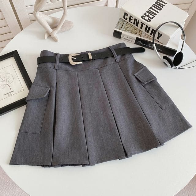 Set: High Waist Plain Pleated Mini A-Line Cargo Skirt