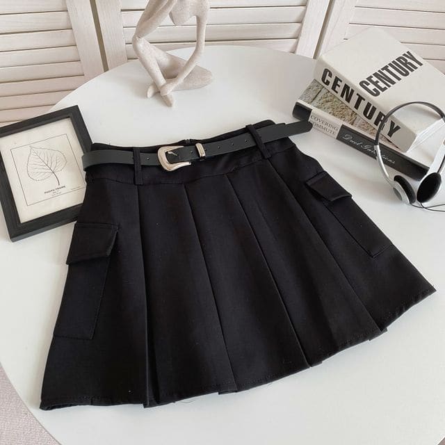 Set: High Waist Plain Pleated Mini A-Line Cargo Skirt