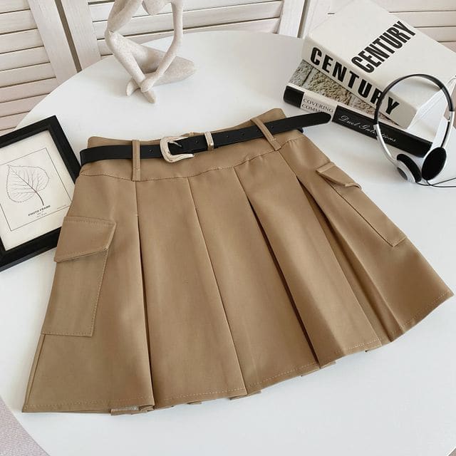 Set: High Waist Plain Pleated Mini A-Line Cargo Skirt