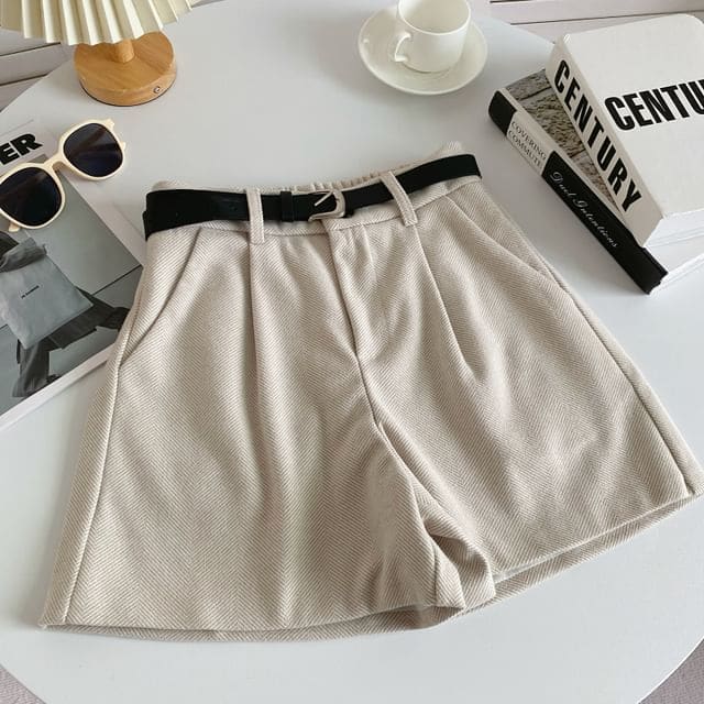 Set: High Waist Plain Shorts + Faux Leather Belt - Beige / S