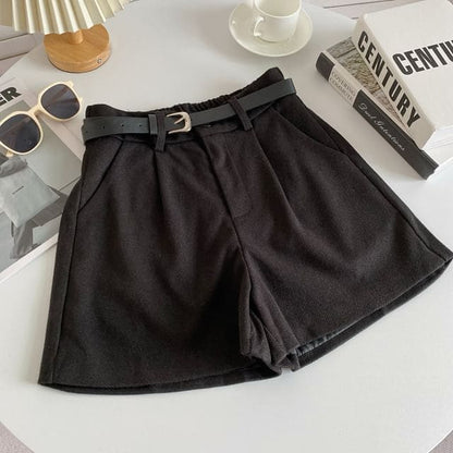 Set: High Waist Plain Shorts + Faux Leather Belt - Black / S