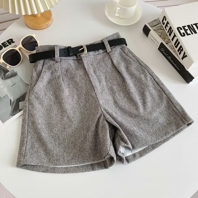 Set: High Waist Plain Shorts + Faux Leather Belt - Gray / S