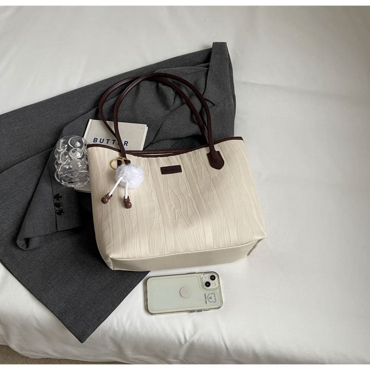 Set: Jacquard Faux Leather Tote Bag + Bag Charm