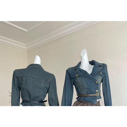 Set: Lapel Collar Denim Jacket + Faux Leather Mini Skirt