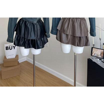 Set: Lapel Collar Denim Jacket + Faux Leather Mini Skirt