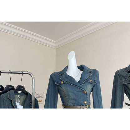 Set: Lapel Collar Denim Jacket + Faux Leather Mini Skirt