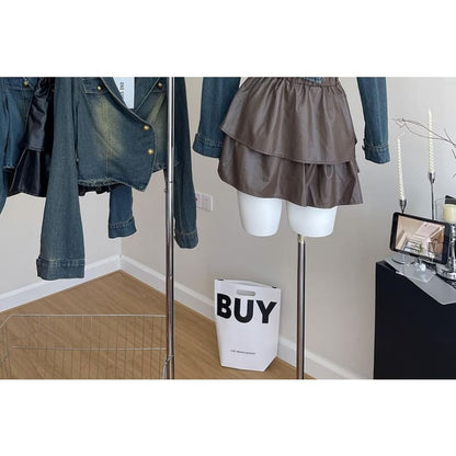 Set: Lapel Collar Denim Jacket + Faux Leather Mini Skirt