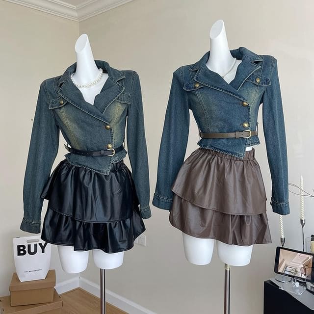 Set: Lapel Collar Denim Jacket + Faux Leather Mini Skirt