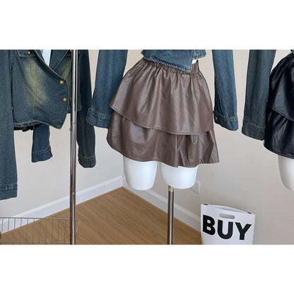 Set: Lapel Collar Denim Jacket + Faux Leather Mini Skirt