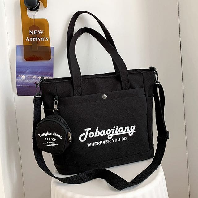 Set: Lettering Canvas Tote Bag + Pouch - With Pouch - Black