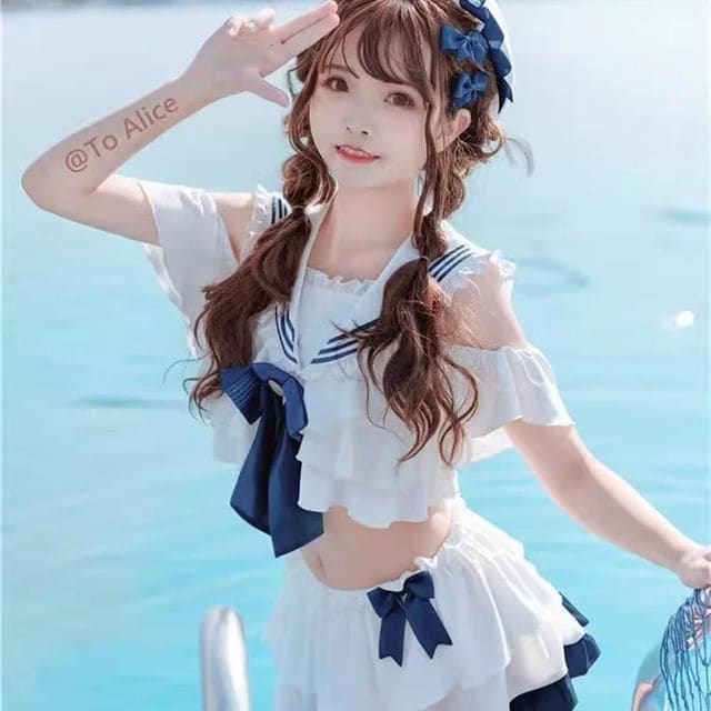 Set: Lolita Sailor Collar Swim Top + Swim Skirt - With Pads