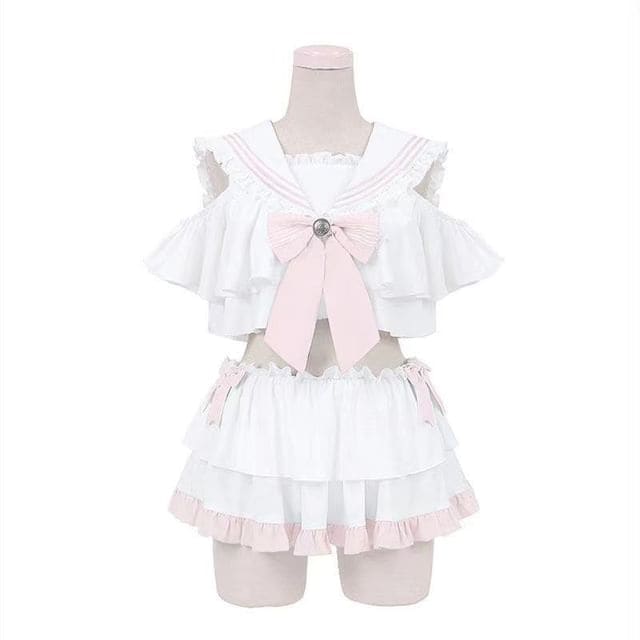 Set: Lolita Sailor Collar Swim Top + Swim Skirt - With Pads