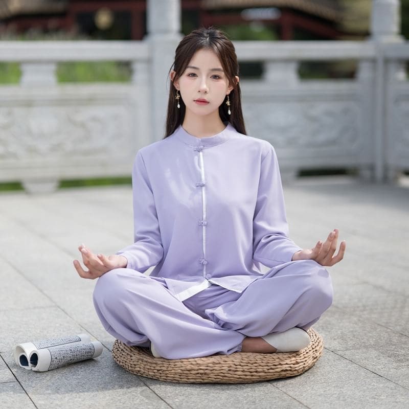 Set: Long-Sleeve Band Collar Plain Hanfu Blouse + Mid Rise