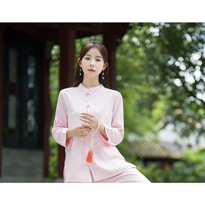 Set: Long-Sleeve Band Collar Plain Hanfu Blouse + Mid Rise