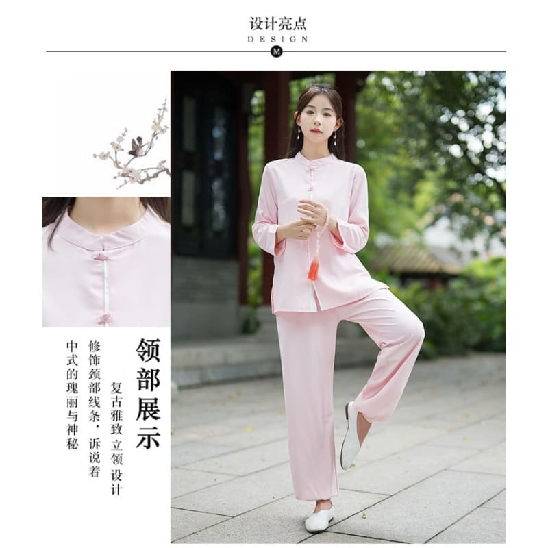 Set: Long-Sleeve Band Collar Plain Hanfu Blouse + Mid Rise