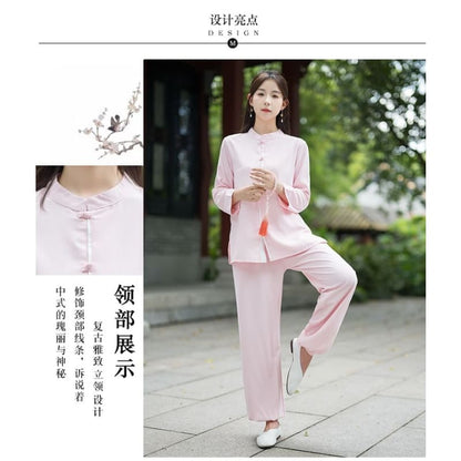 Set: Long-Sleeve Band Collar Plain Hanfu Blouse + Mid Rise