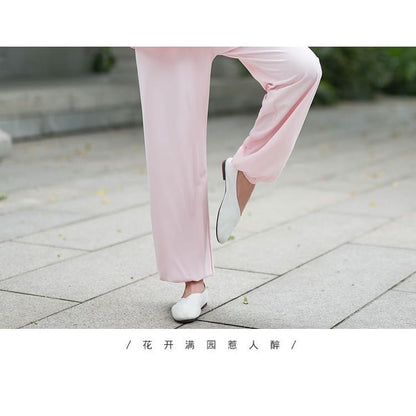 Set: Long-Sleeve Band Collar Plain Hanfu Blouse + Mid Rise