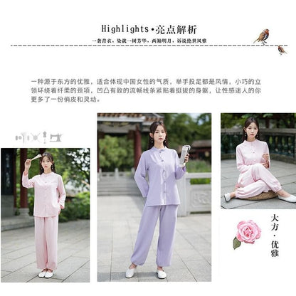 Set: Long-Sleeve Band Collar Plain Hanfu Blouse + Mid Rise