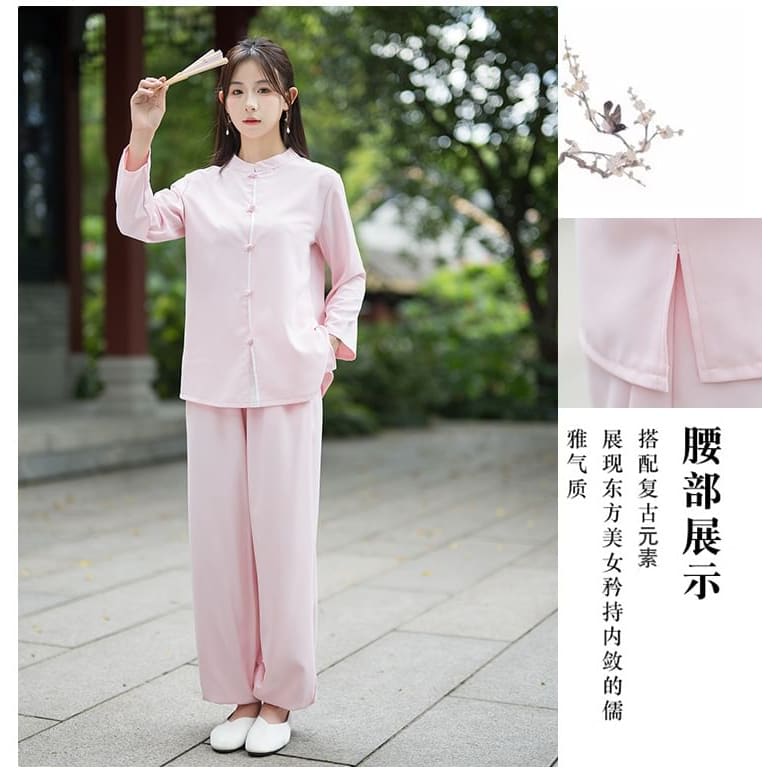 Set: Long-Sleeve Band Collar Plain Hanfu Blouse + Mid Rise