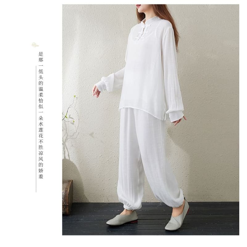 Set: Long-Sleeve Band Collar Plain Hanfu Top + Plain