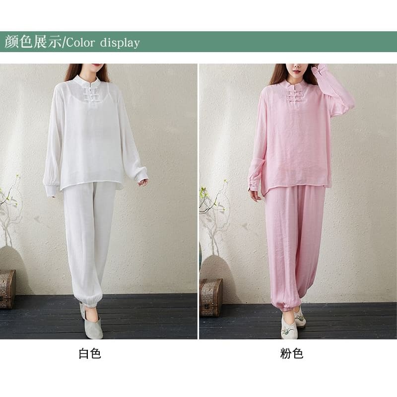 Set: Long-Sleeve Band Collar Plain Hanfu Top + Plain