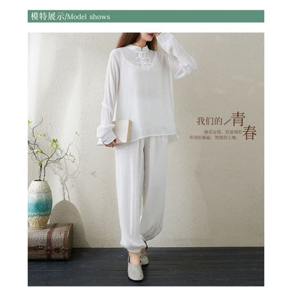 Set: Long-Sleeve Band Collar Plain Hanfu Top + Plain