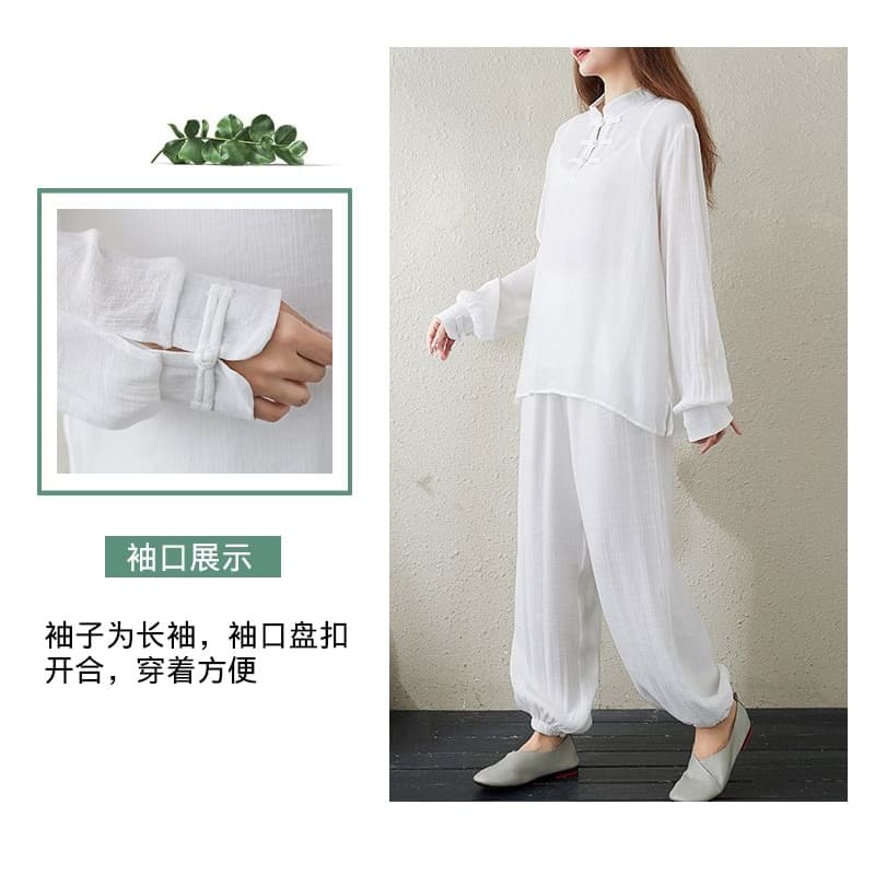 Set: Long-Sleeve Band Collar Plain Hanfu Top + Plain