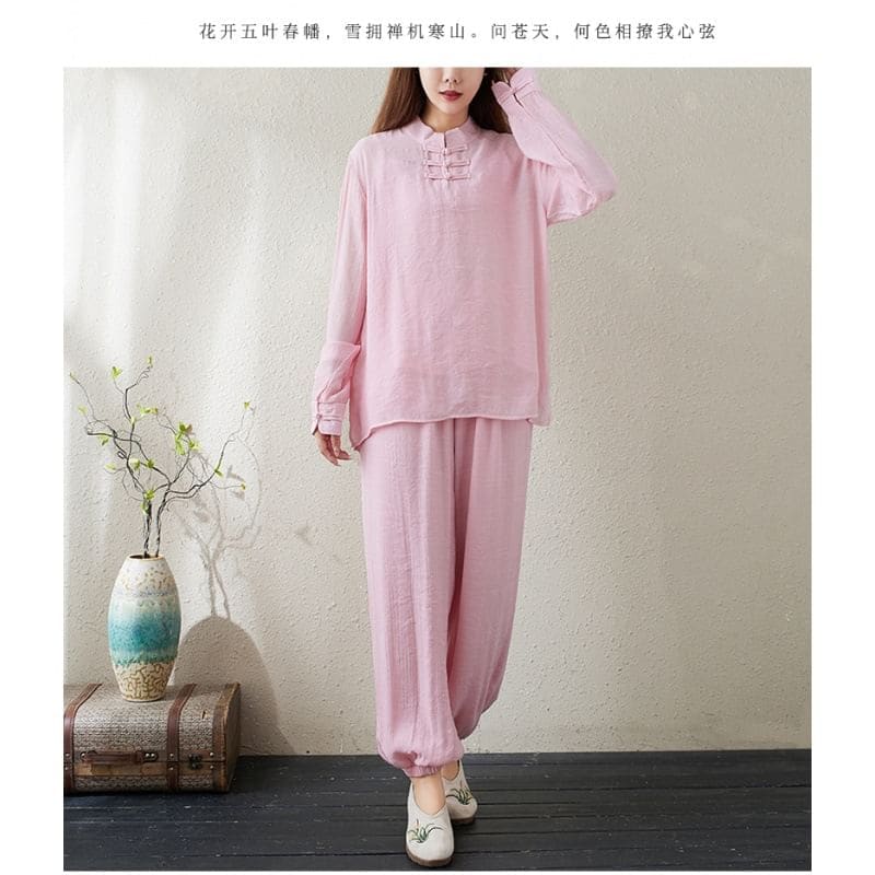 Set: Long-Sleeve Band Collar Plain Hanfu Top + Plain