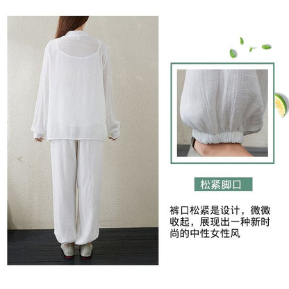 Set: Long-Sleeve Band Collar Plain Hanfu Top + Plain