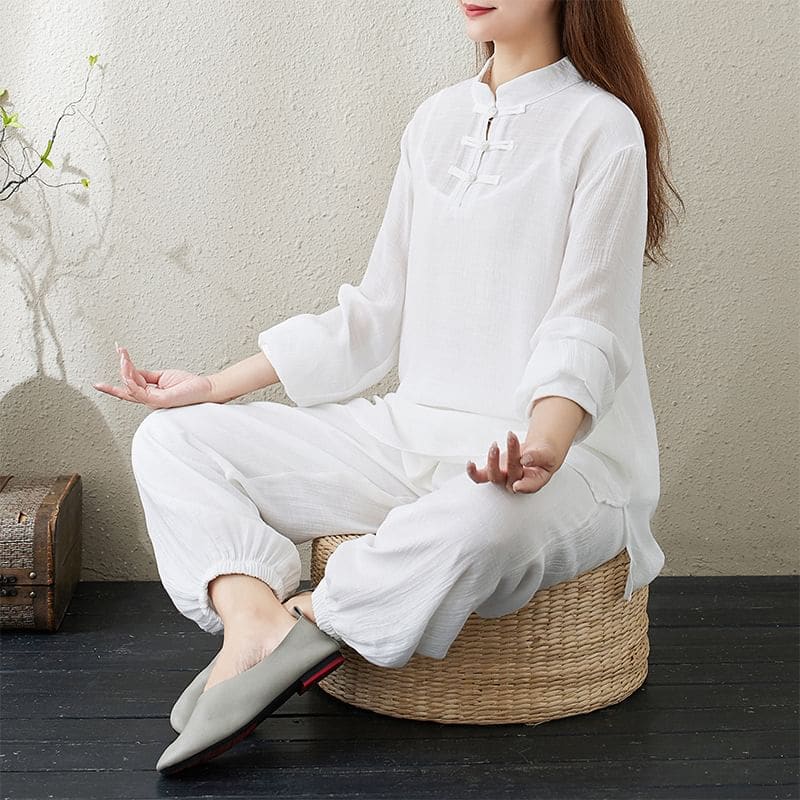 Set: Long-Sleeve Band Collar Plain Hanfu Top + Plain