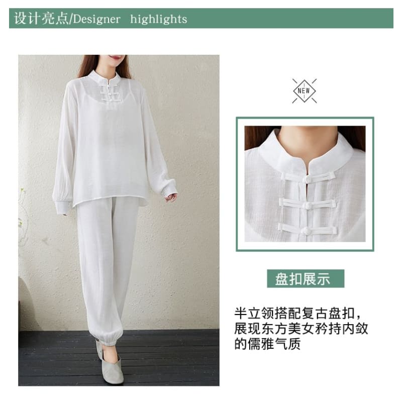 Set: Long-Sleeve Band Collar Plain Hanfu Top + Plain