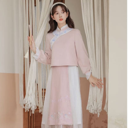 Set: Long-Sleeve Embroidered Flower Hanfu Top + Mid Rise