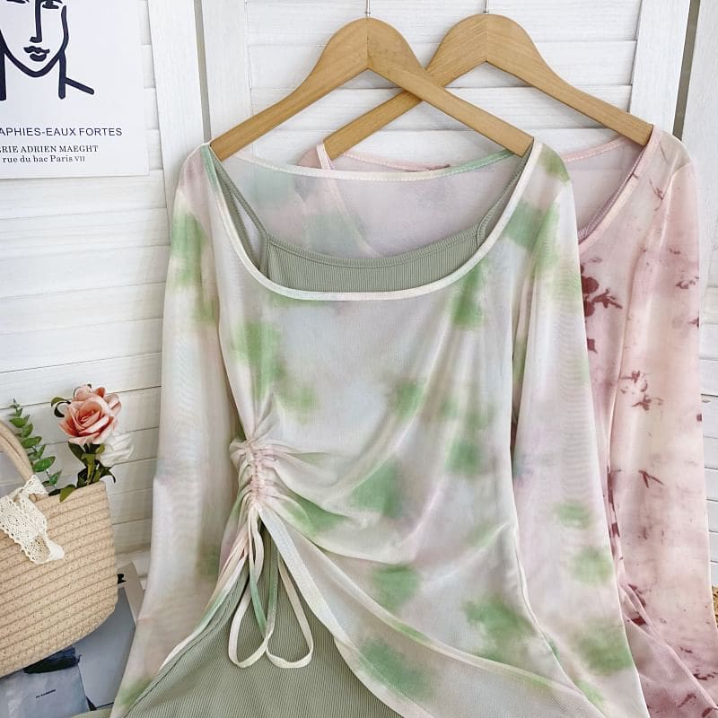 Set: Long-Sleeve Scoop Neck Tie Dye Drawstring Asymmetrical