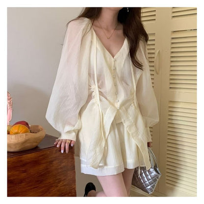 Set: Long-Sleeve V-Neck Drawstring Blouse + High Waist Wide