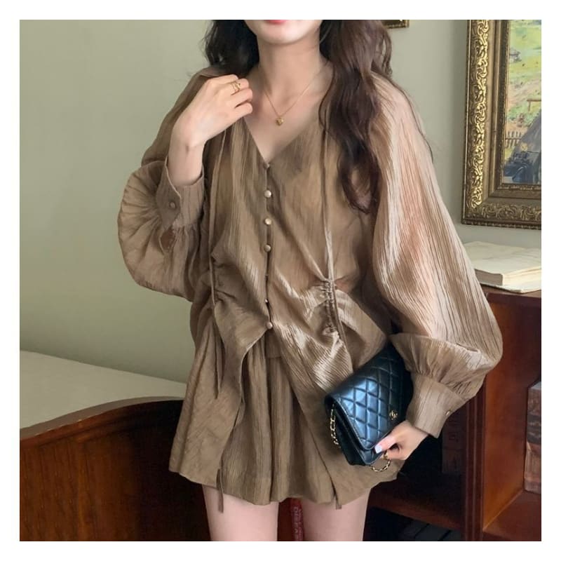 Set: Long-Sleeve V-Neck Drawstring Blouse + High Waist Wide