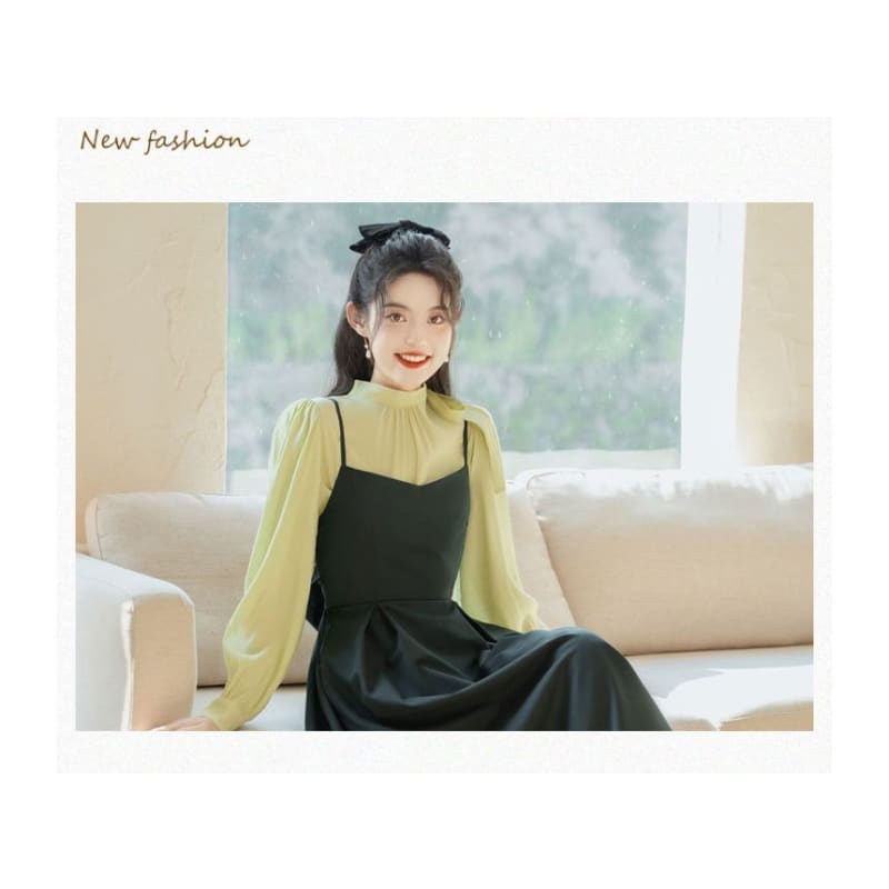 Set: Mock Neck Plain Bow Blouse + Midi Dungaree Dress