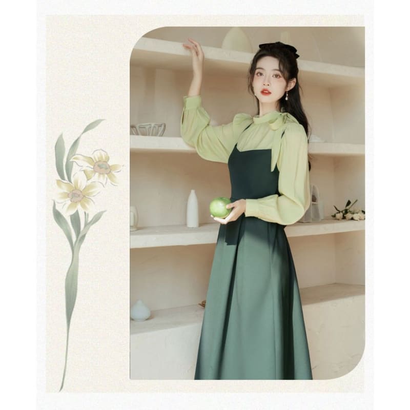 Set: Mock Neck Plain Bow Blouse + Midi Dungaree Dress