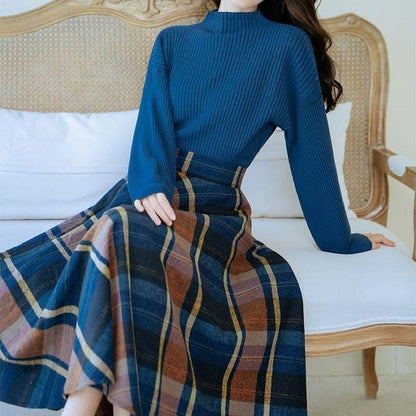 Set: Mock Neck Plain Sweater + Plaid Midi