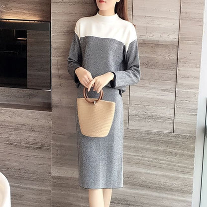 Set: Mock Neck Two Tone Sweater + High Waist Striped Midi