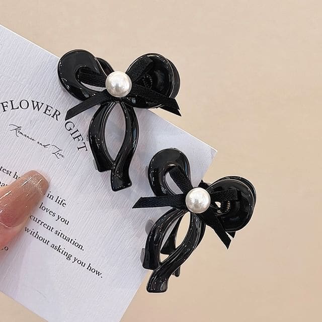 Set of 2: Bow Faux Pearl Hair Claw - Black / One Size