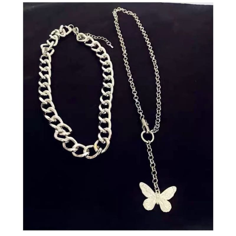 Set of 2: Butterfly Chain Necklace + Chunky Chain Necklace