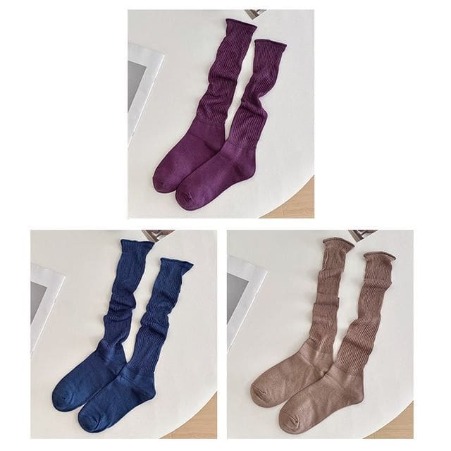 Set of 2 Pairs: Plain Ribbed Shirred Tall Socks - 3 Pairs