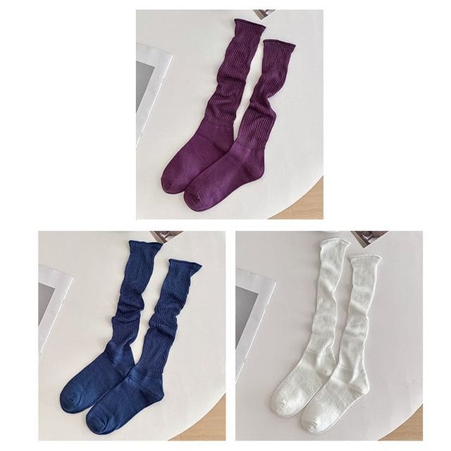 Set of 2 Pairs: Plain Ribbed Shirred Tall Socks - 3 Pairs