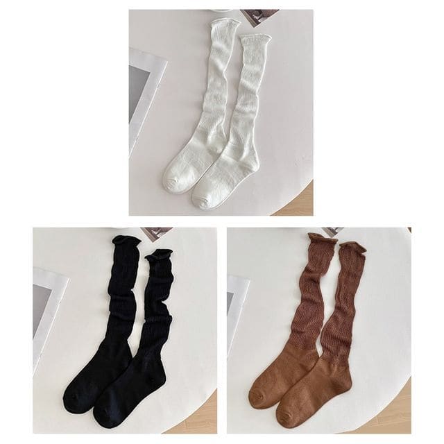 Set of 2 Pairs: Plain Ribbed Shirred Tall Socks - 3 Pairs